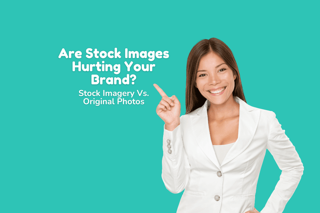 A woman in a white suit smiles broadly while pointing at the title ‘Are Stock Images Hurting Your Brand?’