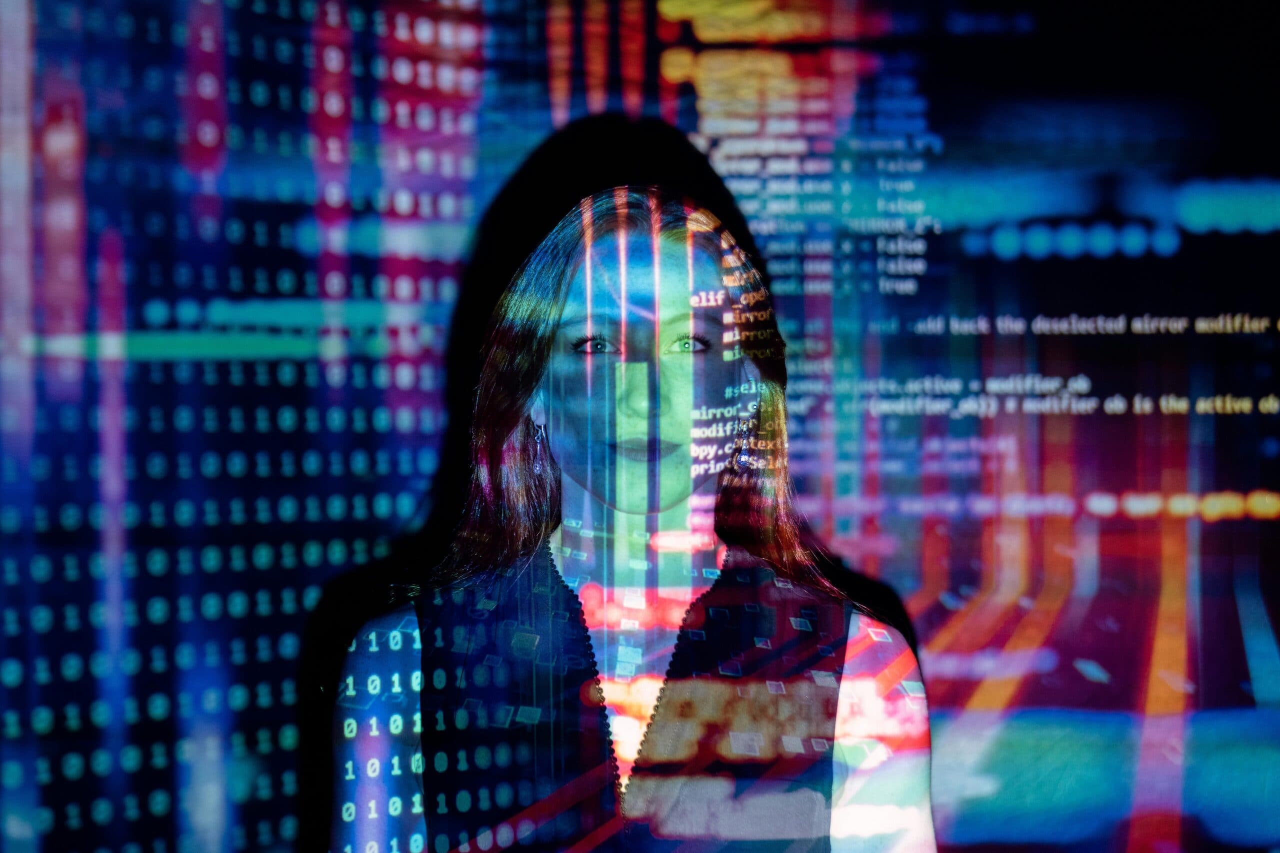 female with data screen overlay- dark