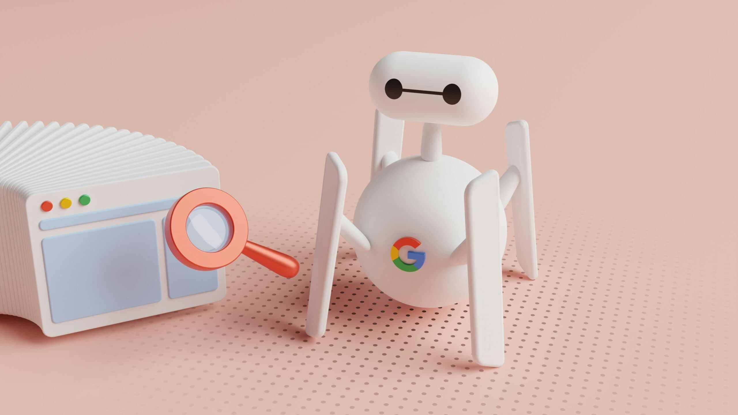 robot with google logo holding a magnifier to a mac window layout