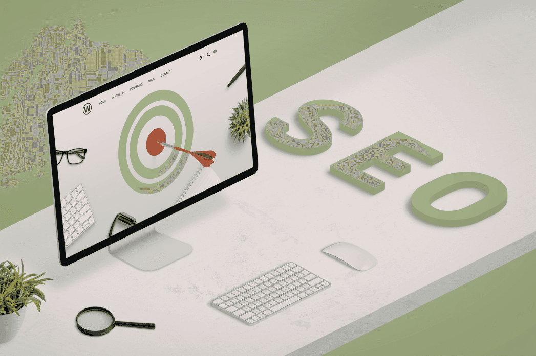 seo in green colour with a monitor and target symbol