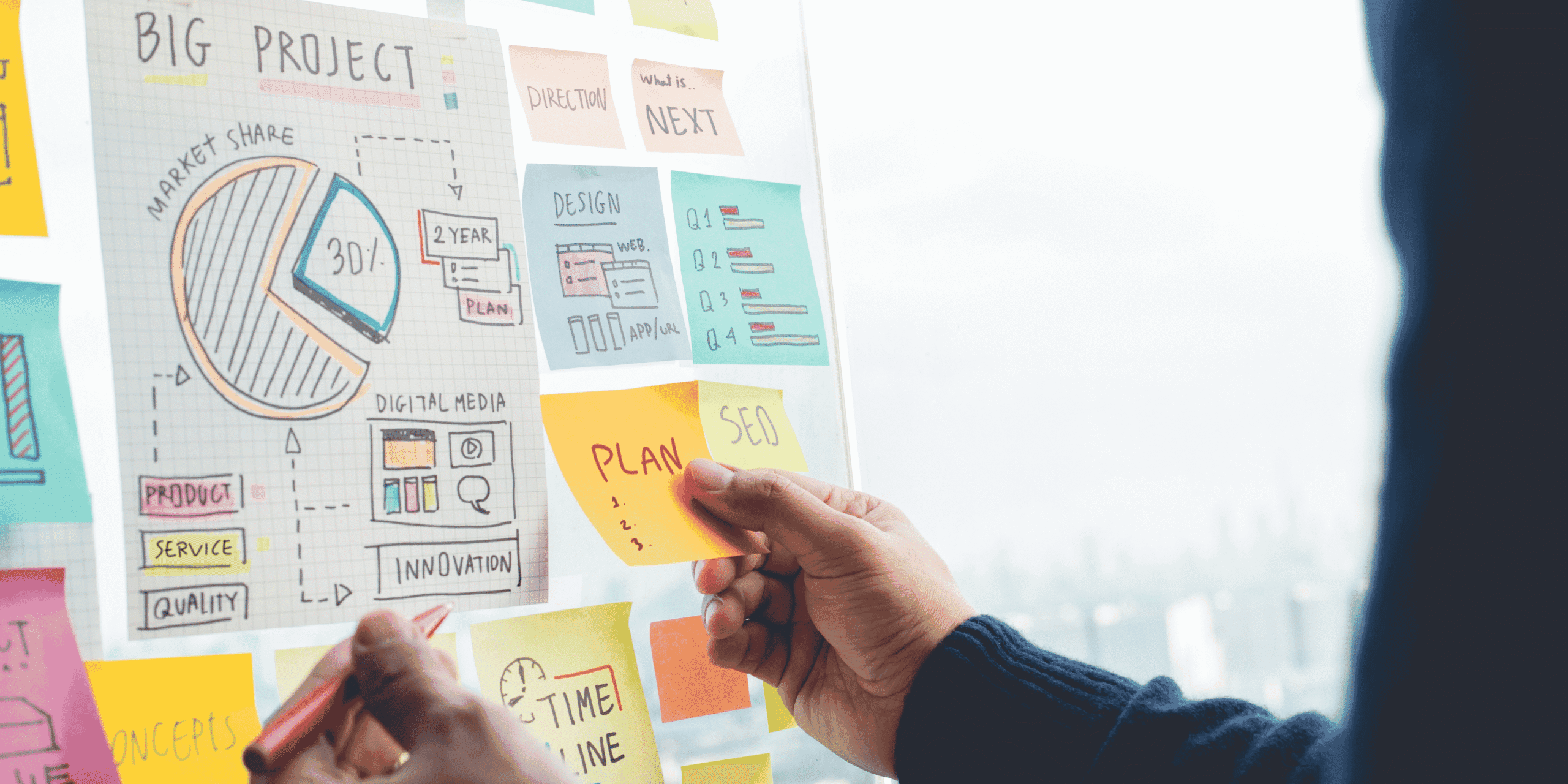 Person with pen and sticky note in hand and notes on a project board.png