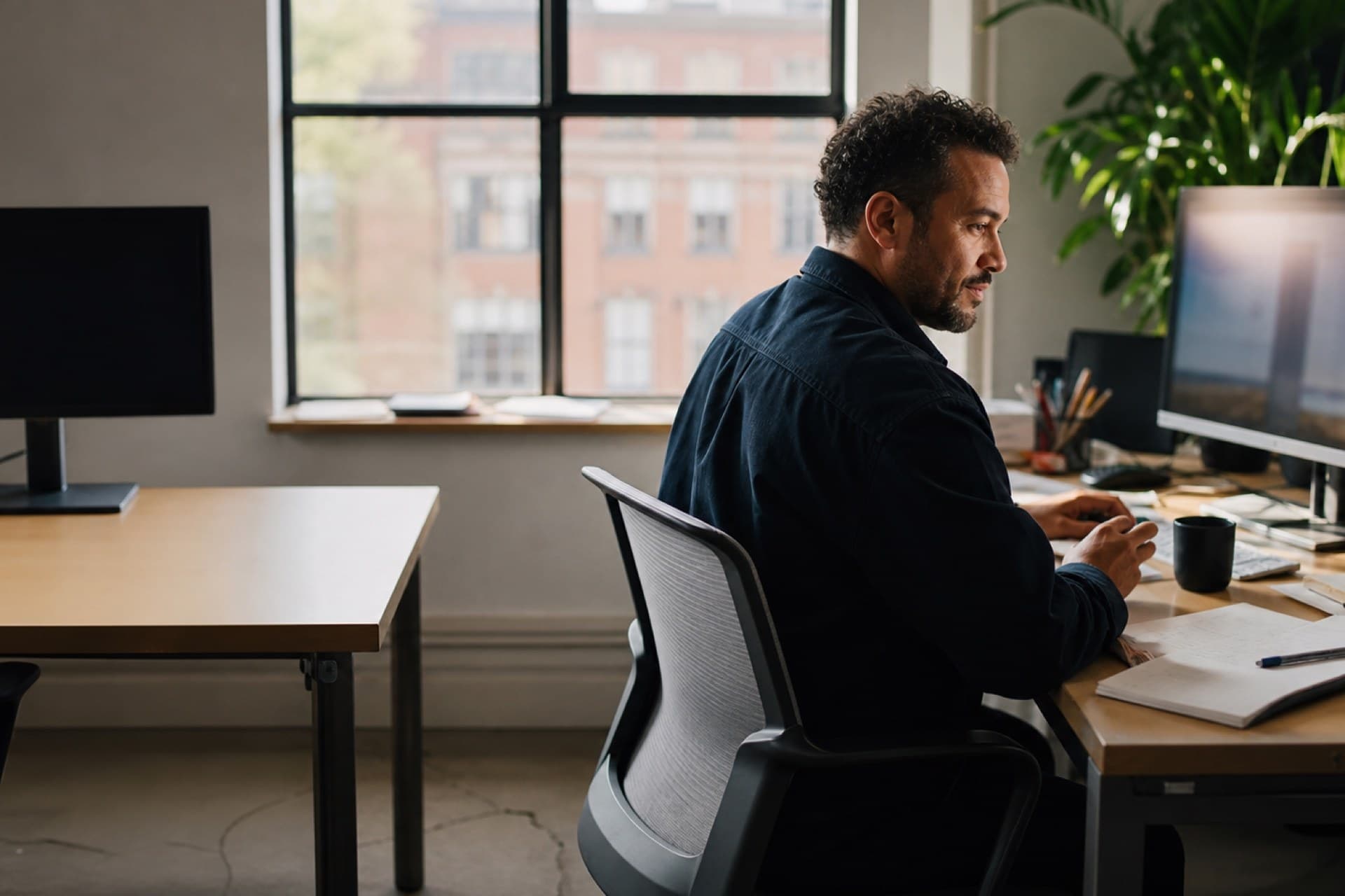 A marketer working alone at their desk in a daylit office, with an unused second desk and dark monitor beside them