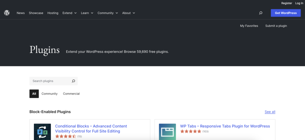 WordPress plugins page