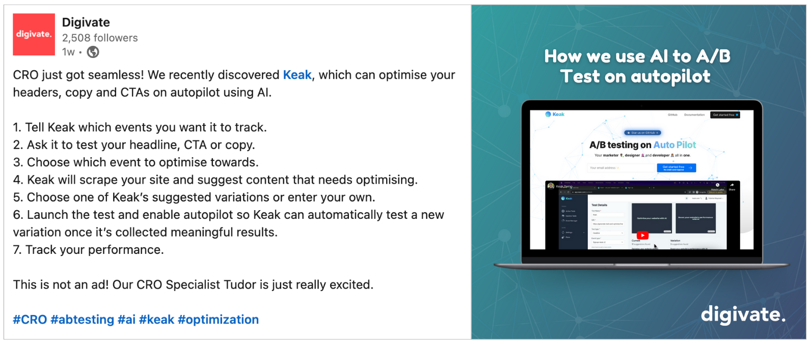 A Digivate LinkedIn post recommending the AI tool Keak.