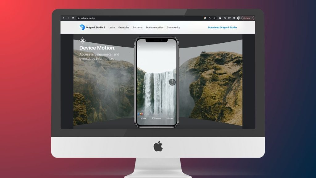 An iMac screen shows Origami Studio, one of the best prototyping tools for UX and UI design and development.