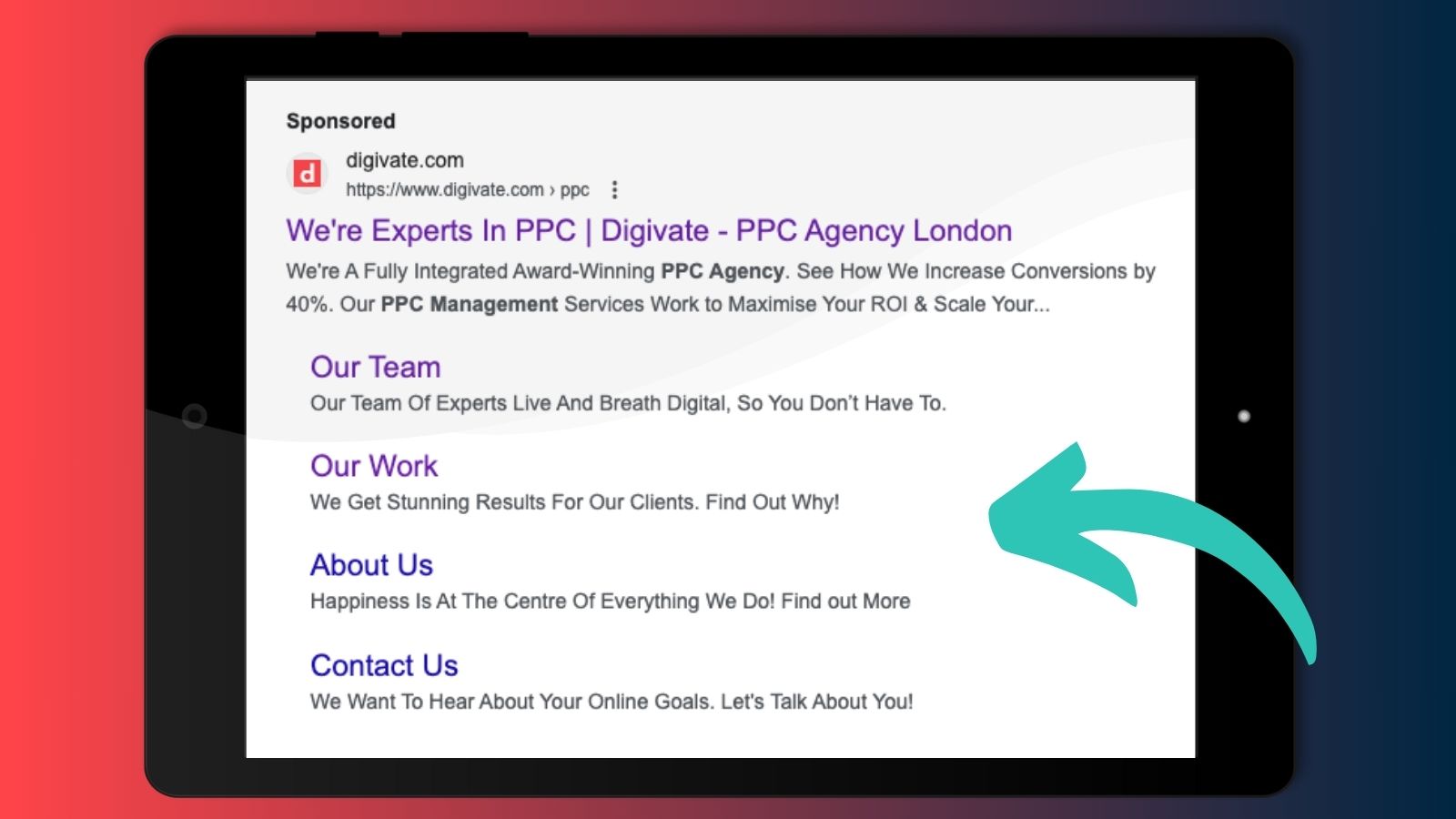 An illustration highlights the search ad extensions on a Google search ad with a colourful arrow.