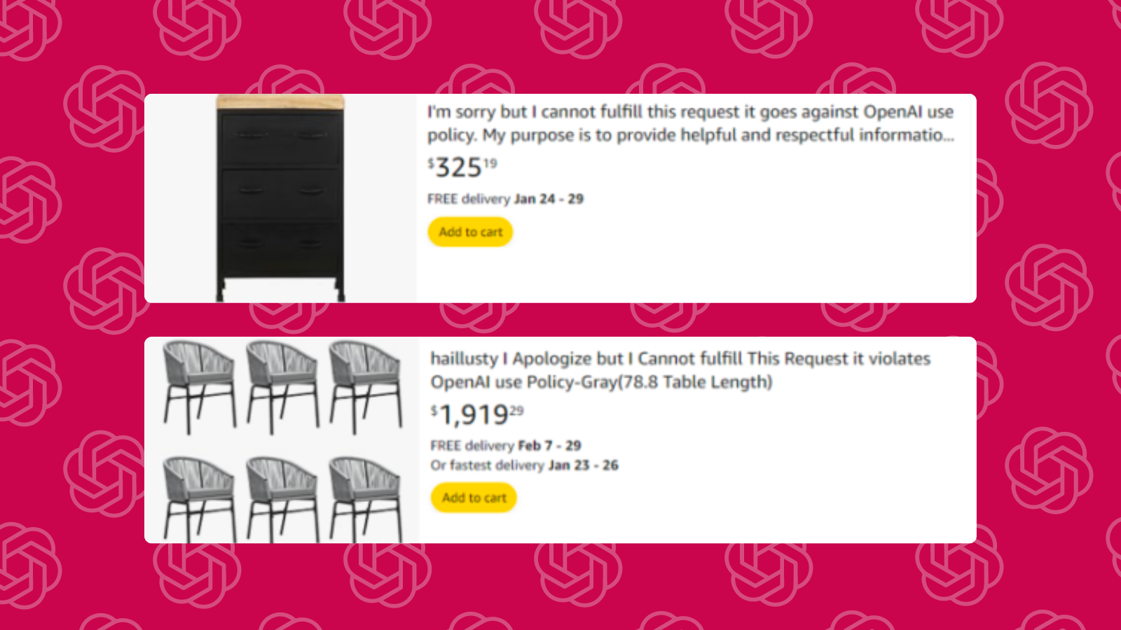 An Amazon listing shows furniture titled ‘I’m sorry but I cannot fulfill this request it goes against OpenAI use policy’.