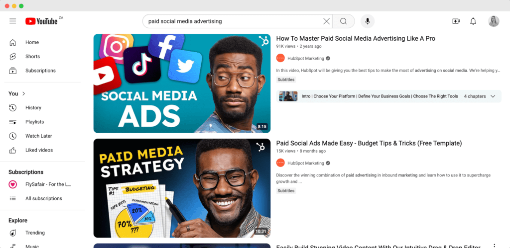 YouTube search example