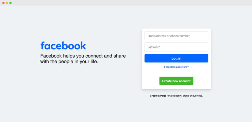 Facebook landing page