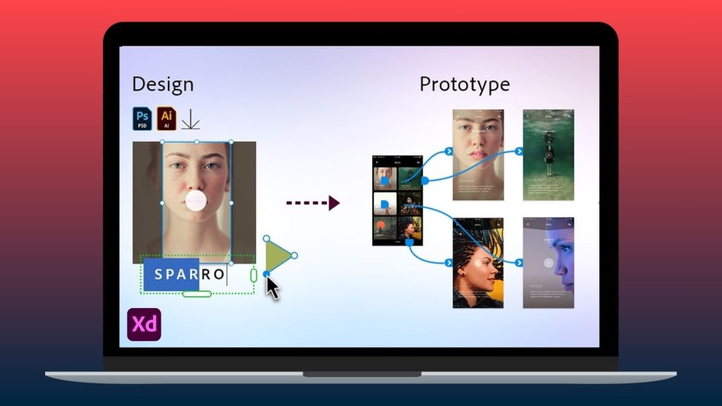 A laptop screen shows Adobe XD, one of the best prototyping tools for UX and UI design and development.