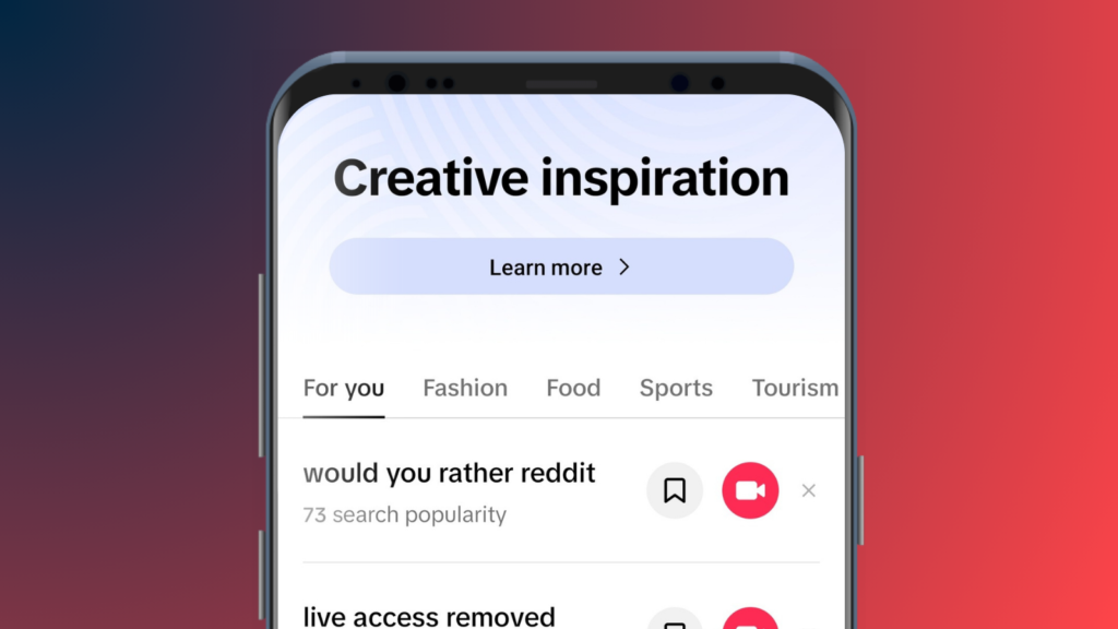 The 'Creator Search Insights' tool on TikTok shows that people are searching for 'would you rather reddit' and 'live access removed' in the app. 