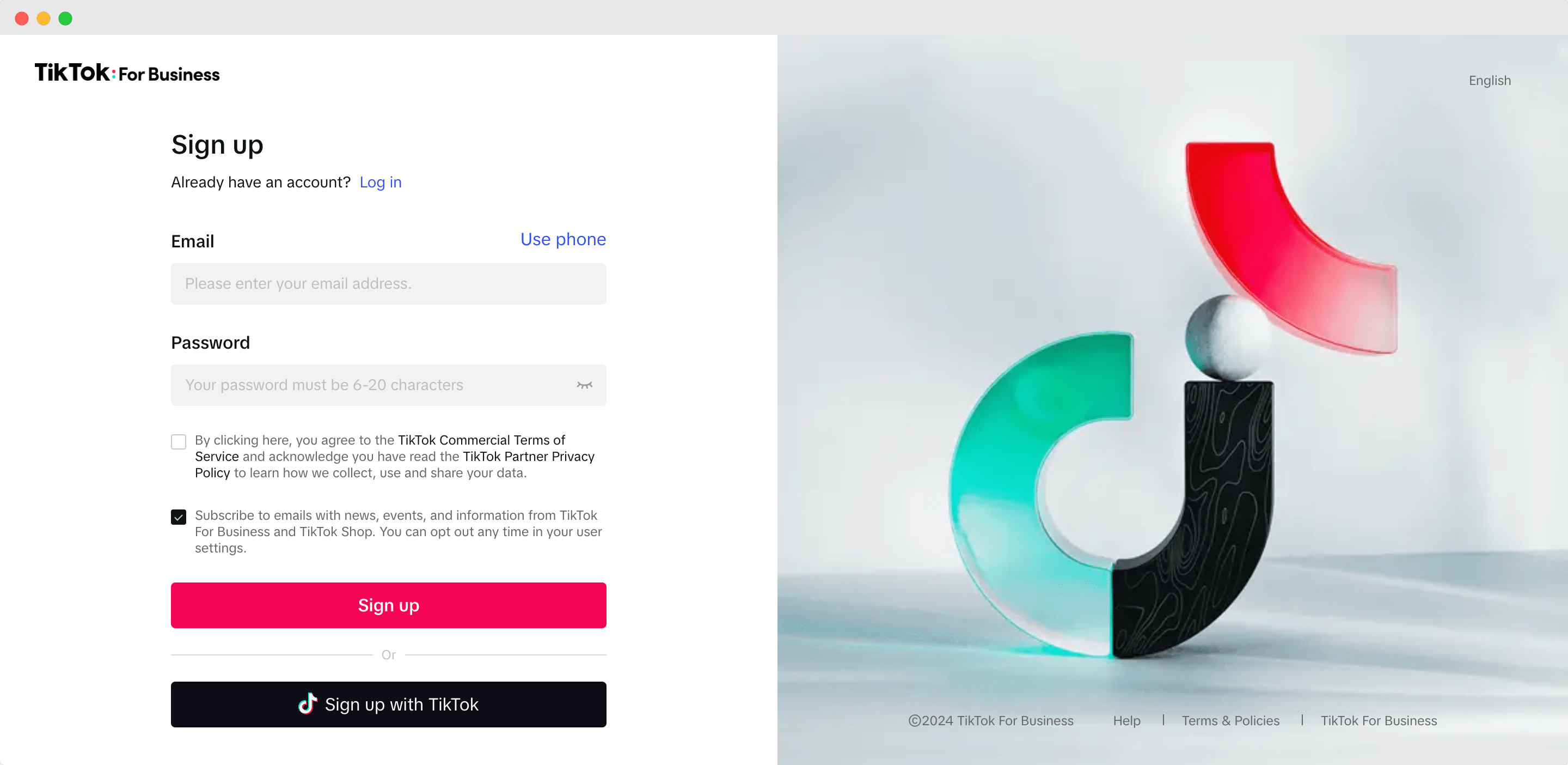 TikTok Business login landing page