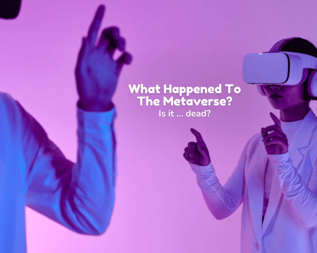 A man and woman in VR headsets explore the metaverse.