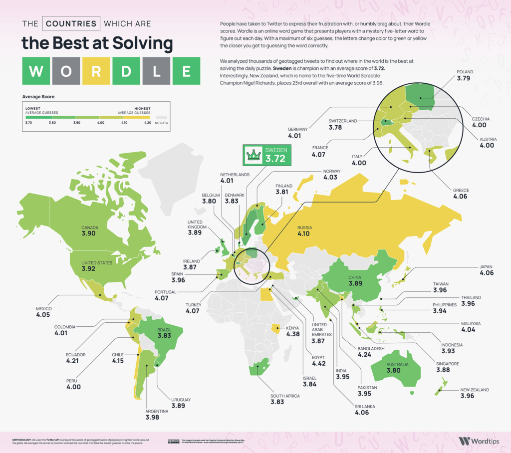 Map showing which country is best at Wordle