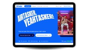 Airtasker's value proposition, 'Post any task. Pick the best person. Get it done', on a tablet screen.