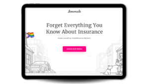 Lemonade value proposition, 'Forget everything you know about insurance', on a tablet screen.