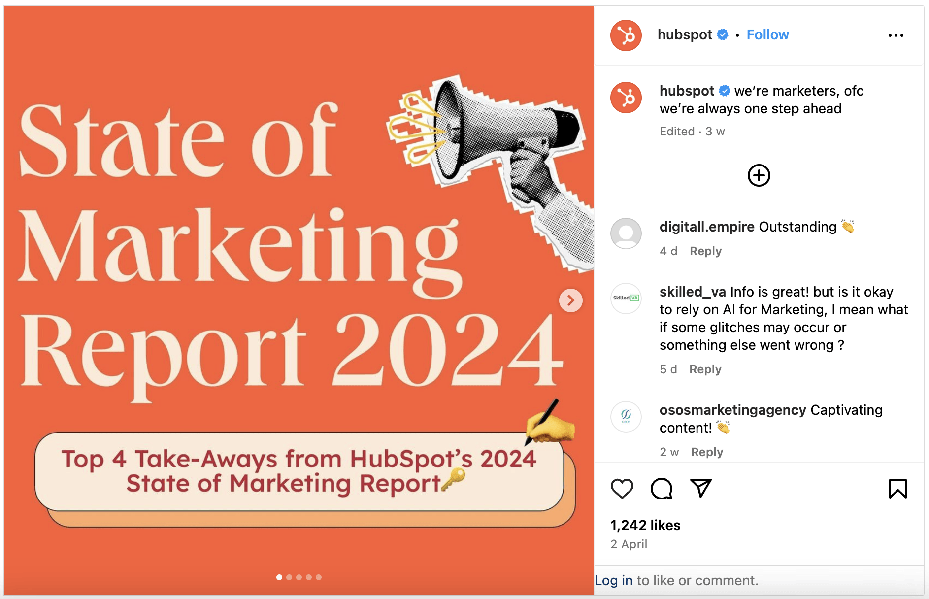 State of marketing instagram post by HubSpot