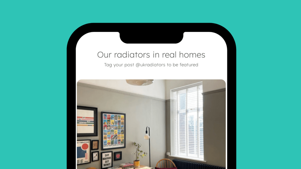 'Our radiators in real homes' heading above a user-generated image.