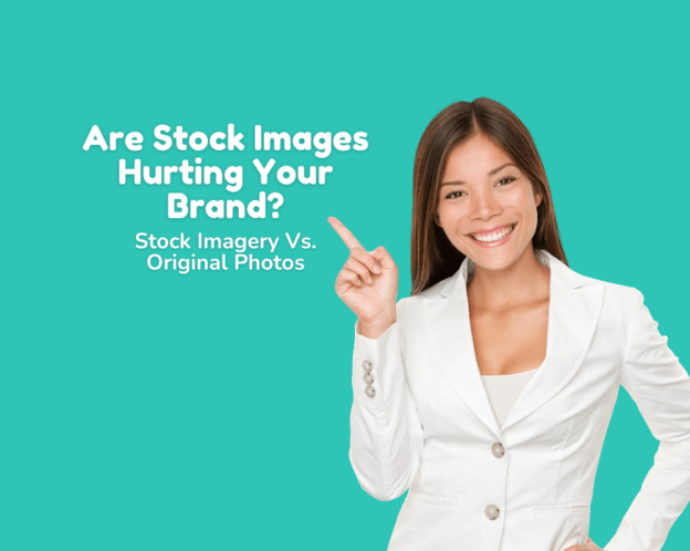 A woman in a white suit smiles broadly while pointing at the title ‘Are Stock Images Hurting Your Brand?’