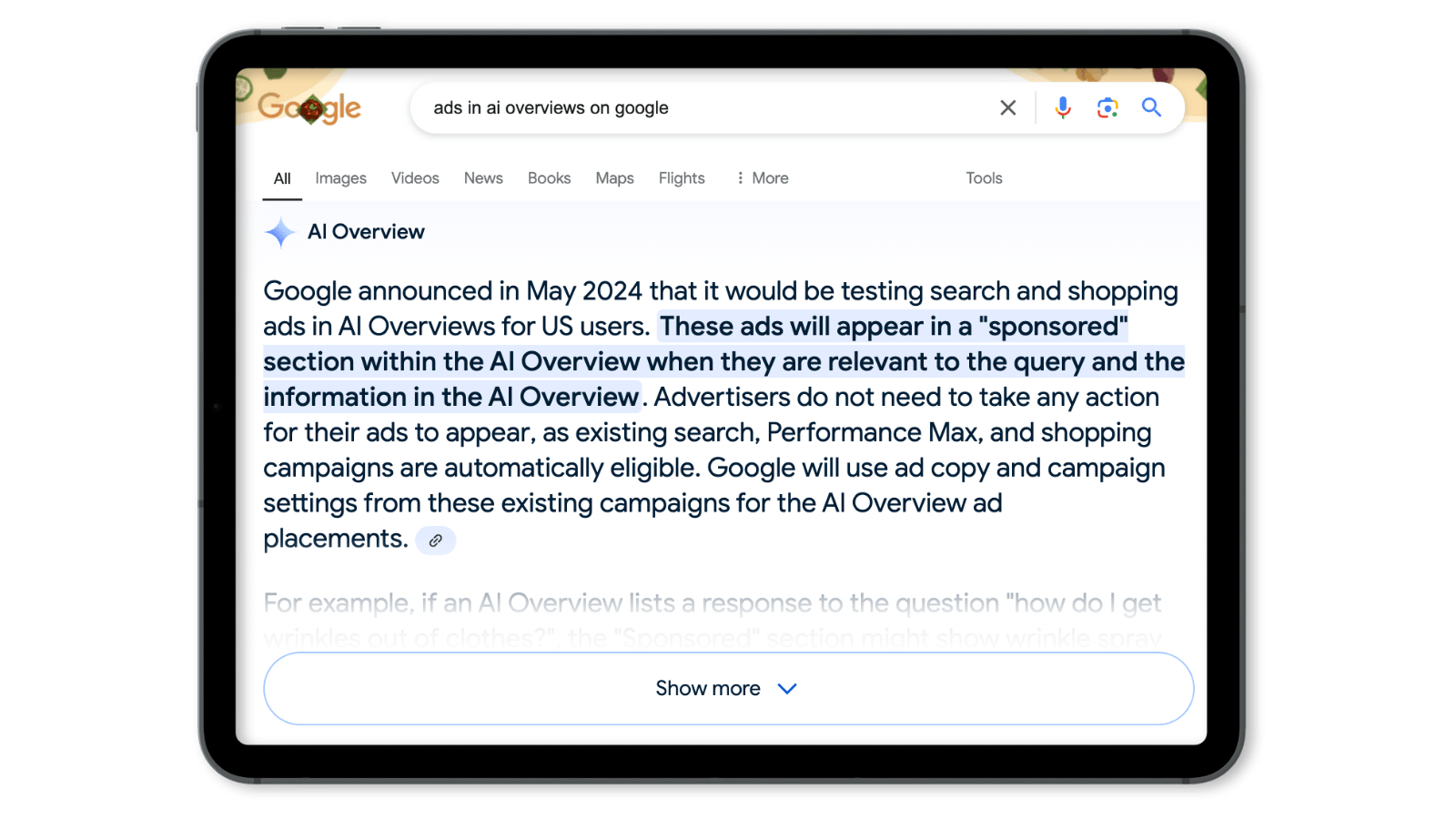 An AI Overview explaining that Google is testing search and shopping ads in AI Overviews.