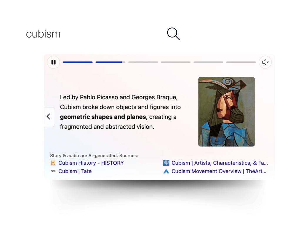 An AI result on Bing, describing the Cubism art movement in a story format.