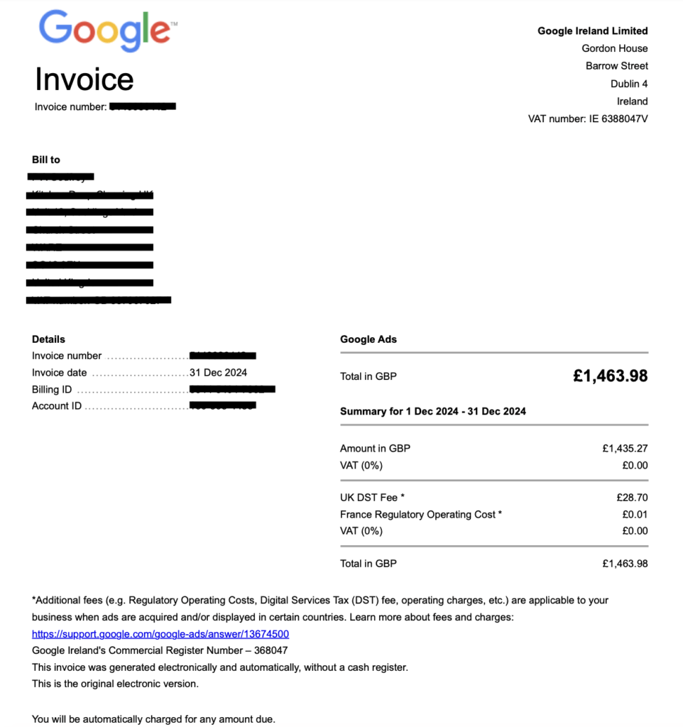 google ads invoice with vat and dst