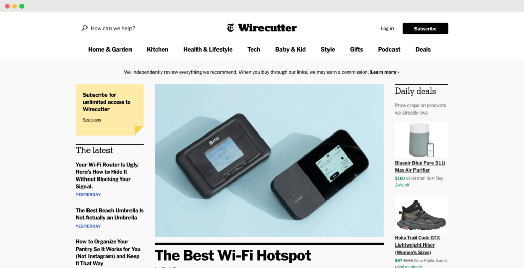 wirecutter homepage with affiliate disclosure